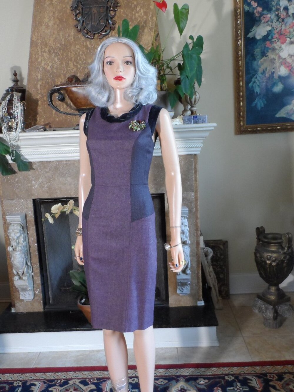 Etro Purple & Black Velvet Trim Tweed Sheath Dress Size IT 40 / US 4